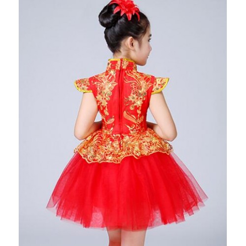 Girls princess Chinese folk dance dresses kids children ancient classical stage performance carnival celebration china style red dresses
